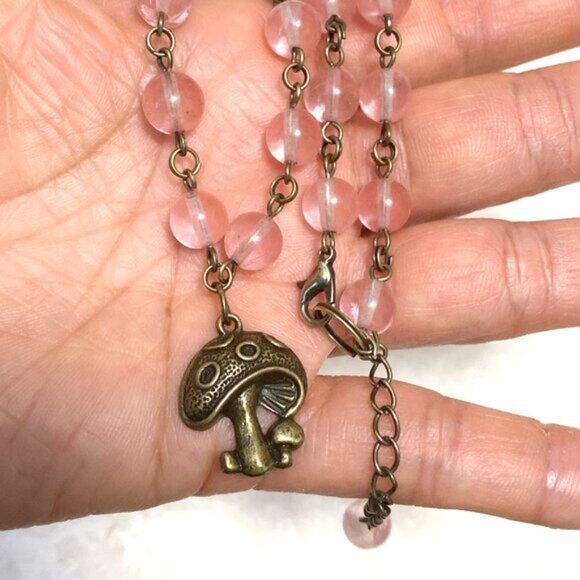 Cute Cherry Quartz Bronze Round Mushroom Adjustable Pendant Choker - Picture 16 of 16